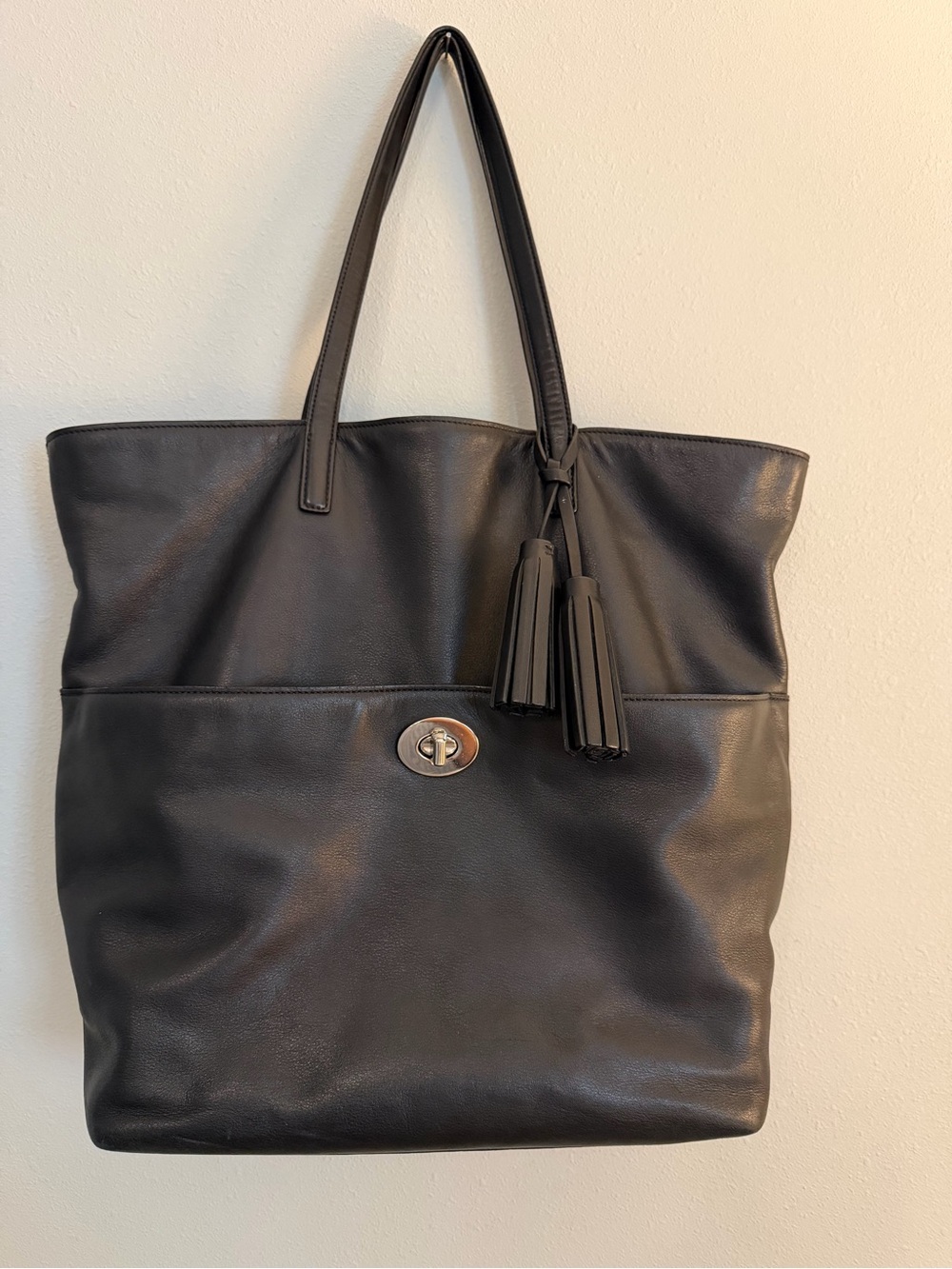 Coach Black Leather Tote with Double Tassels